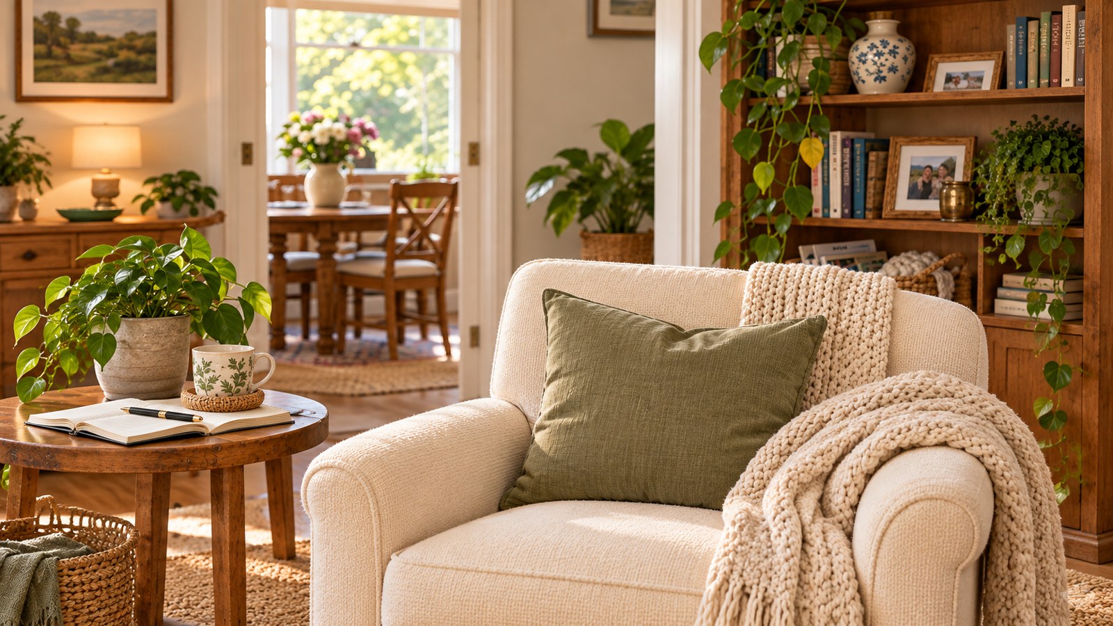 A lived-in room with plants, books, a comfortable armchair, and a cup on a side table